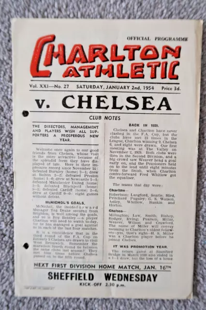 Charlton V Chelsea Football Programme 1953 - 1954 Division 1