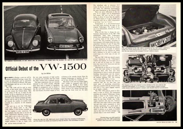 1961 Volkswagen 1500 Type 3 & VW Beetle Photos 2-Page Article Vintage Print Ad