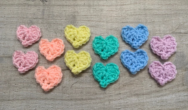12 Handmade Crochet Pastel Hearts Applique,Embellishment,Motif,Sewing,Scrapbook