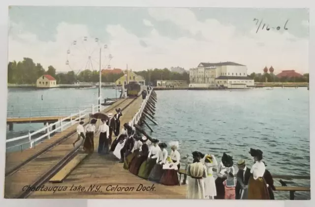 1906 Tourists Celoron Dock Ferris Wheel Railway Chautauqua Lake NY Postcard