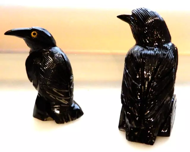 Awesome Pair of Carved Onyx Black Stone RAVEN Made in Peru 2 1/2" + 2 3/4"  Tall 3