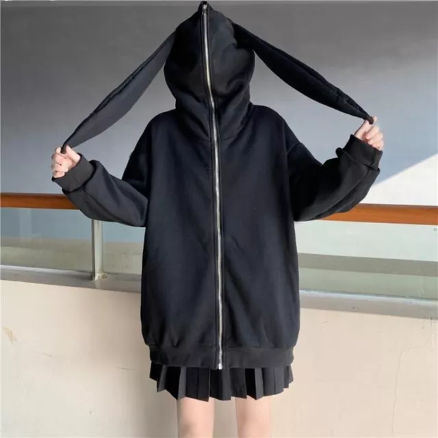 kawaii Women Solid color Bunny Rabbit Ear Hoodie Pullover Cute Top Coat Costume