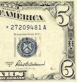 1953A $5 Blue SILVER Certificate FINE *** STAR *** X9481 Old US Paper Currency!