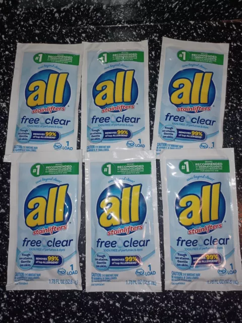 6 Packs  All Free and Clear laundry detergent 1 load 1.78 oz travel sample size