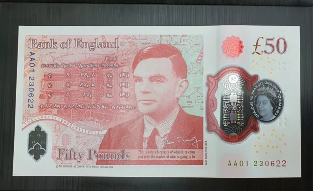 ENGLAND - 50£ QE, new polymer note ALAN TURING, computer UNC - 1st Prefix AA01