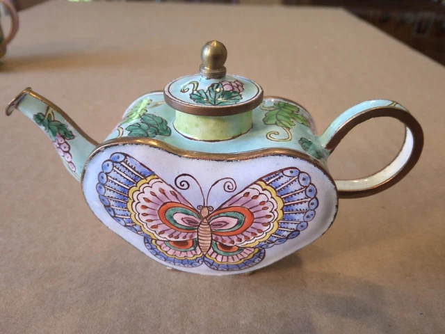 Vintage Kelvin Chen Unmarked Miniature Enamel Copper Teapot butterfly