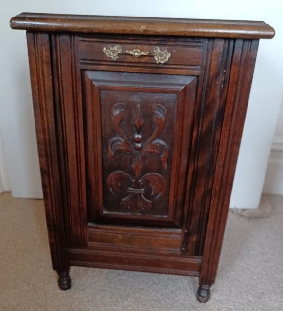 Vintage small carved wooden cabinet Purdonium coal scuttle