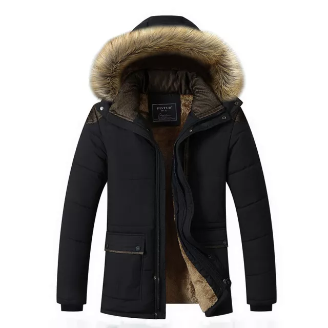 Mens Coat Warm Fleece Jacket Fur Collar Thick Winter Outwear Padded Hooded Parka