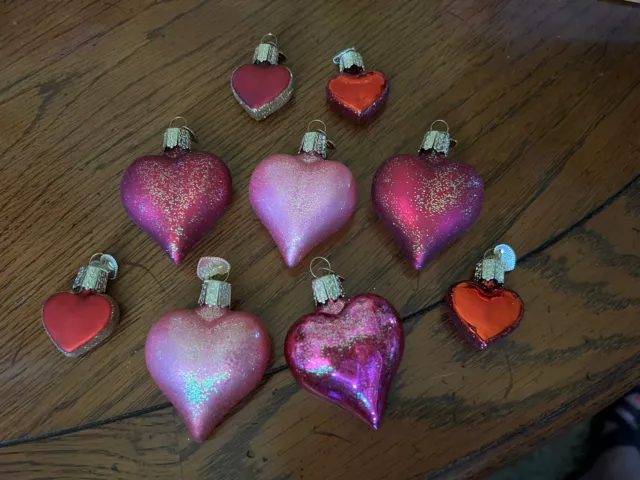 9 Old World Christmas Glittered Glass Heart Ornaments, Excellent