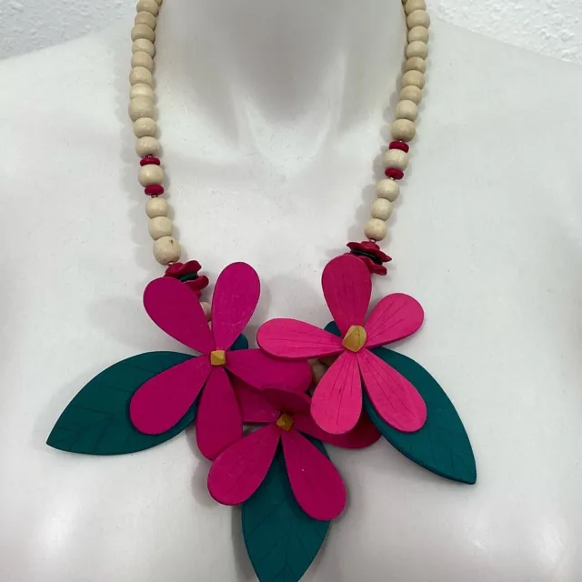 Vintage 80s Necklace VLV Tiki Oasis Aloha Hawaiian Floral Wood Pink Beaded