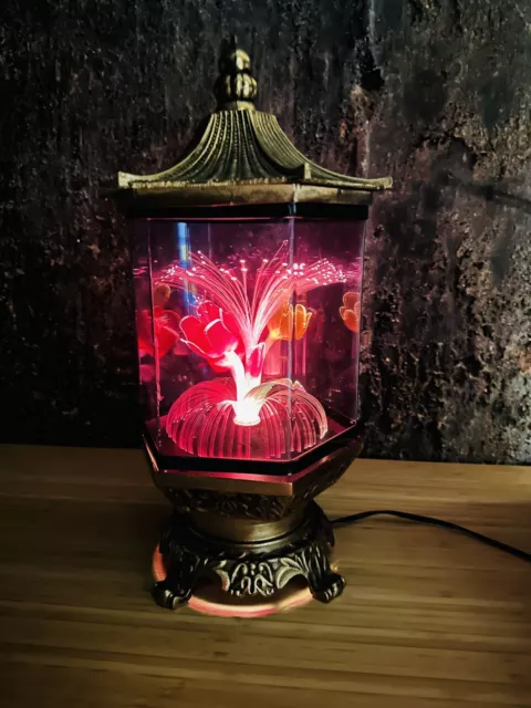 FLAW Vtg Fiber Optic Lamp Flower Pagoda Brass Antique Gold Color Change MCM