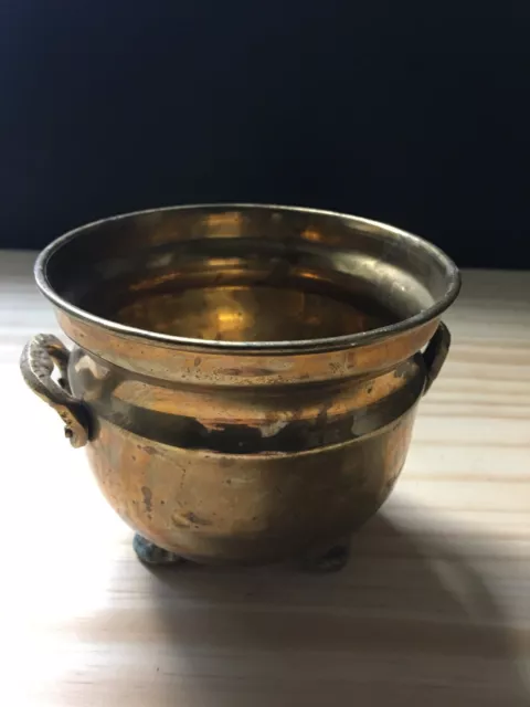 Vintage Solid Brass Footed Round Planter Pot w/ Handles Cachepot 4.25"D x3.75"T