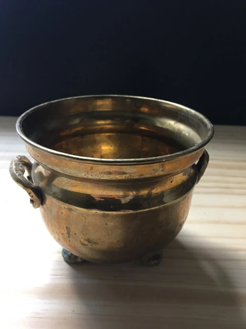 Vintage Solid Brass Footed Round Planter Pot w/ Handles Cachepot 4.25"D x3.75"T
