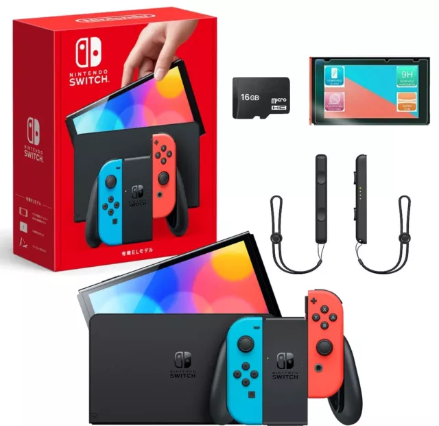 Nintendo Switch OLED 64GB Neon Console + 🛡️ Screen Protector  & 16GB SD Bundle