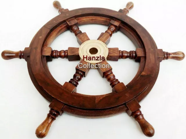 18" Brass Nautical Wooden Ship Steering Wheel Pirate Wood Boat Wall Décor Gift