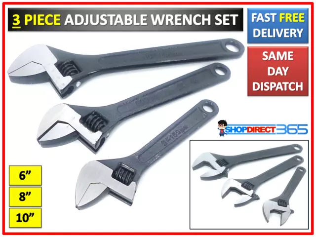 3pc Black Adjustable Spanner Wrench Set 6 " 8" 10" Garage Tool NEW UK (233345)