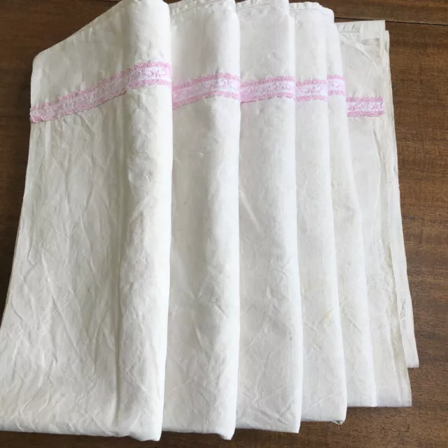 Unused XL Vintage French Linen Metis Sheet Pretty Pink Lace Trim Border 130x82in 2