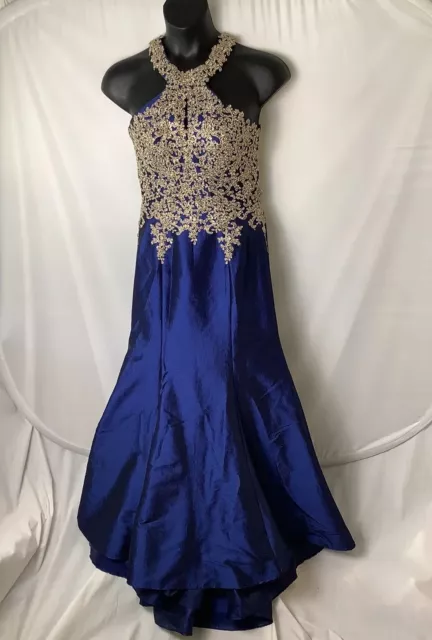 Camille La Vie formal gown Beaded Open lace up  Back a line Dress blue prom