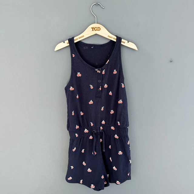 Girls Navy Blue Cherry Patterned 100% Cotton Summer Playsuit Age 8-9 years