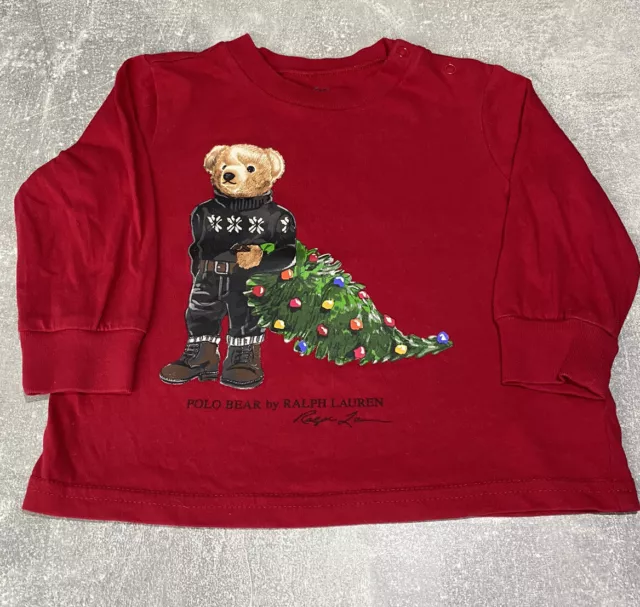 Ralph Lauren Holiday Christmas Tree Bear Long Sleeve Cotton Red T-shirt Size 9M