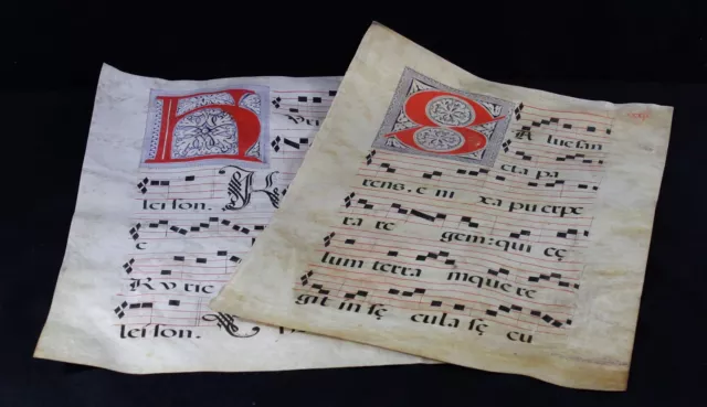 2x antique 15th C illuminated vellum Manuscript, Gregorian Chant Choral Music