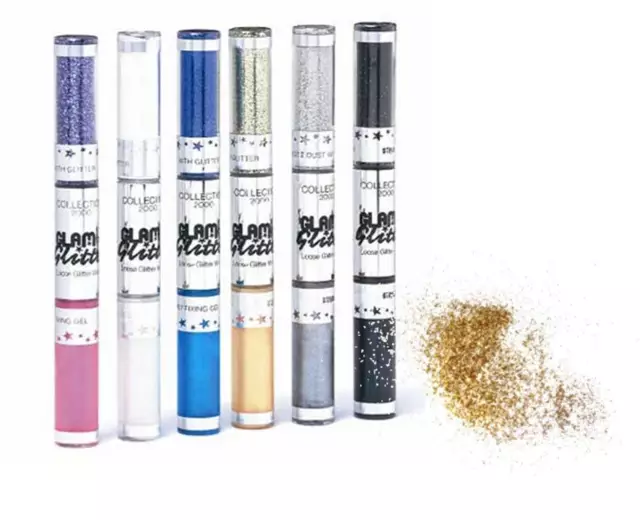 COLLECTION 2000 EYESHADOW GLAM LOOSE GLITTER & CREAM WAND GOLD BLUE BLACK x 2
