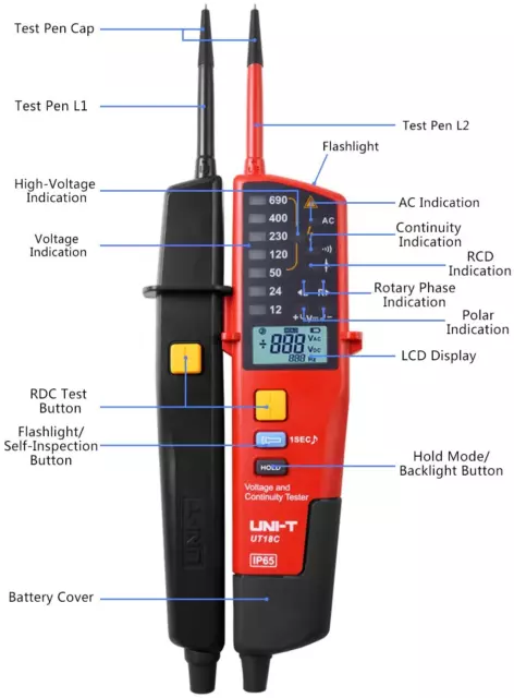 UNI-T UT-18C Spannungs- und Durchgangsprüfer Autorange LCD/LED-Anzeige RCD-Test 3