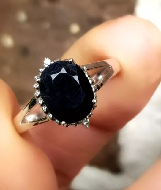 1.71ct Natural Black Sapphire Diamond Solid White 9K Gold Ring Dress Cocktail