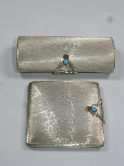 VINTAGE 800 Silver Ladies Compact & Trinket Box Turquoise Cabochon Gemstone