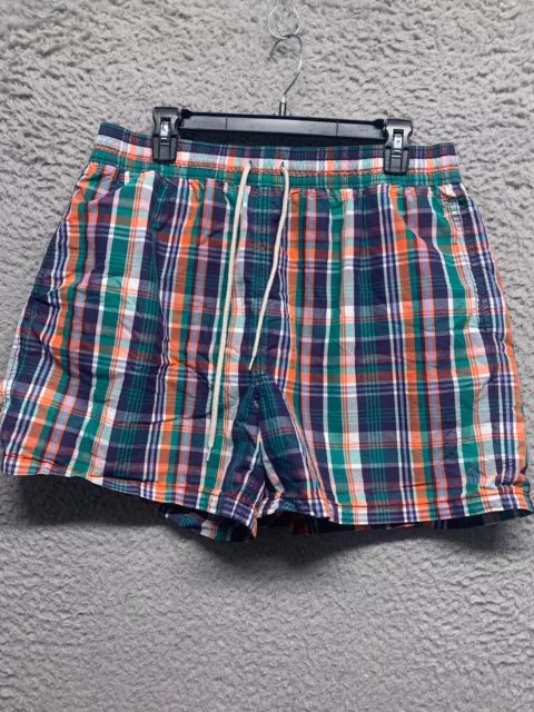 Polo Ralph Lauren Mens Swim Trunks VTG XL Plaid Blue Pony Pockets Drawstring