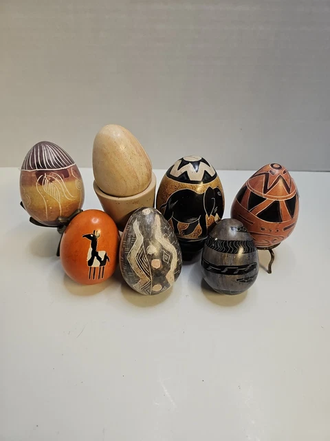 7 Hand-Carved Kenya Alabaster Stone Eggs African Giraffe Elephant Safari Lot