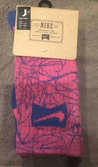 Nike HIGH CREW Kids Two Socks Shoe Size 3Y-5Y Pink Blue Sock Size 7-9 -TWO PAIRS
