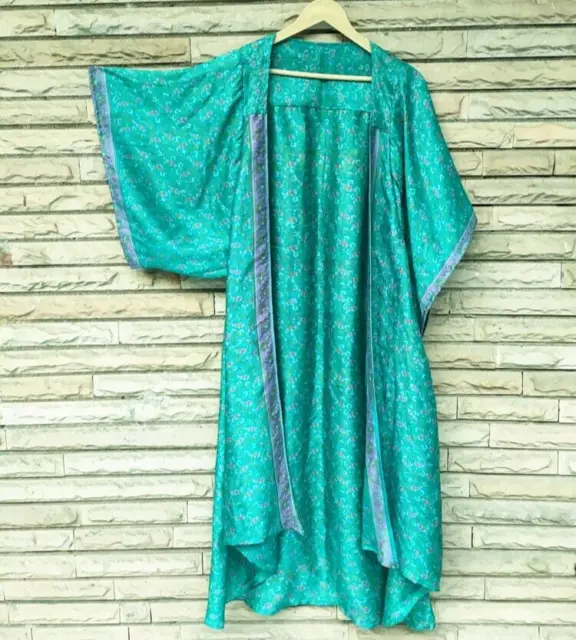 Pure Silk Long Kimono Blue Floral Dress Front Open Woman Dress MG1006
