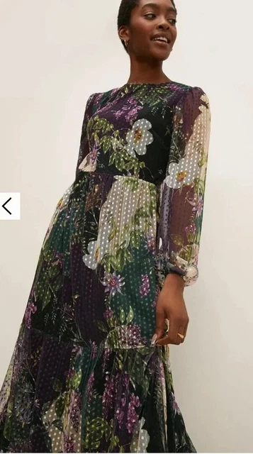 OASIS RHS FLORAL Dobby Spot Mesh Purple Green Midi Dress XL 16