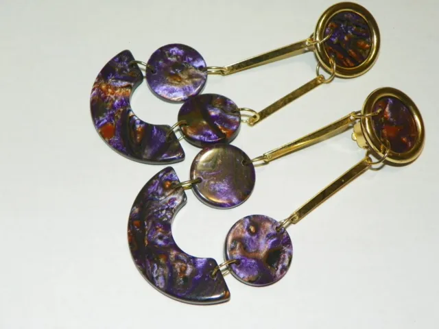 VTG Purple/goldtone 4" Drop Dangle Clip Earrings Retro Abstract Mod Boho 80s 90s