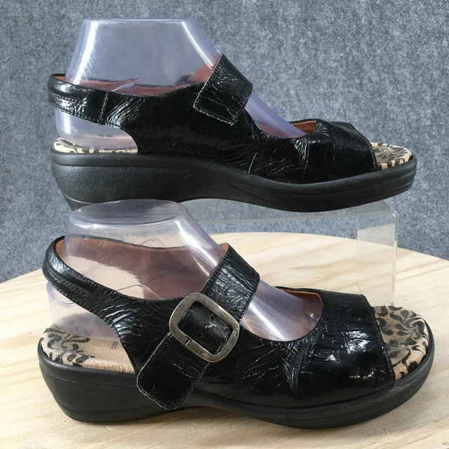 Think! Sandals Womens 40 Slingback Black Patent Leather Casual Wedge Buckle