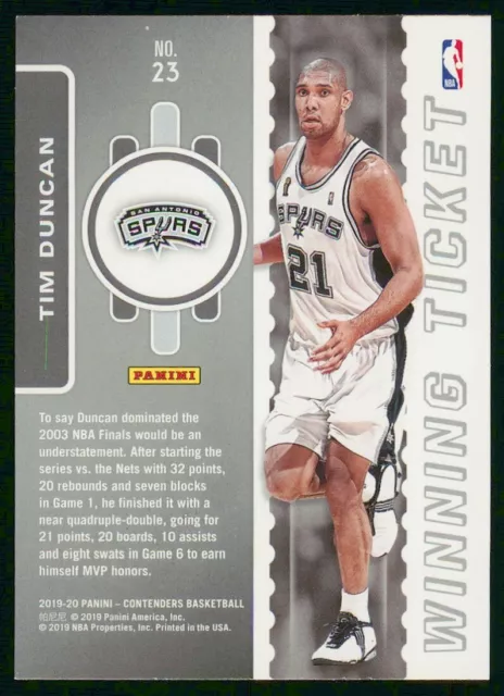 2019-20 Panini Contenders Winning Ticket Tim Duncan Spurs #23 2