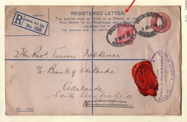 GB KGV 2d Registered Postal Stationery Envelope *DOT* AUSTRALIA HG.39(1912)EP467