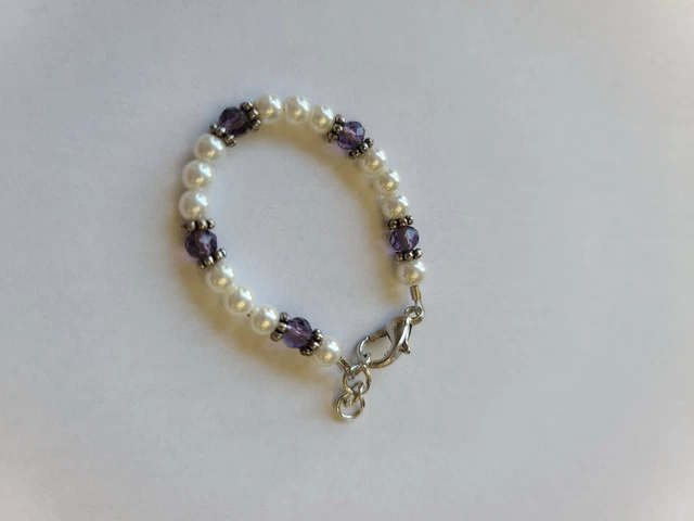 Newborn baby bracelet:  4mm glass pearl beads with purple colored beads