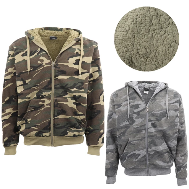 Men's Thick Zip Up Camouflage Hoodie Jacket Winter Sherpa Fur Fluffy Fleece Coat