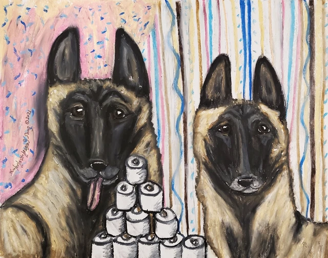 BELGIAN MALINOIS Hoarding Toilet Paper Art Print 5 x 7 Collectible Artist KSams
