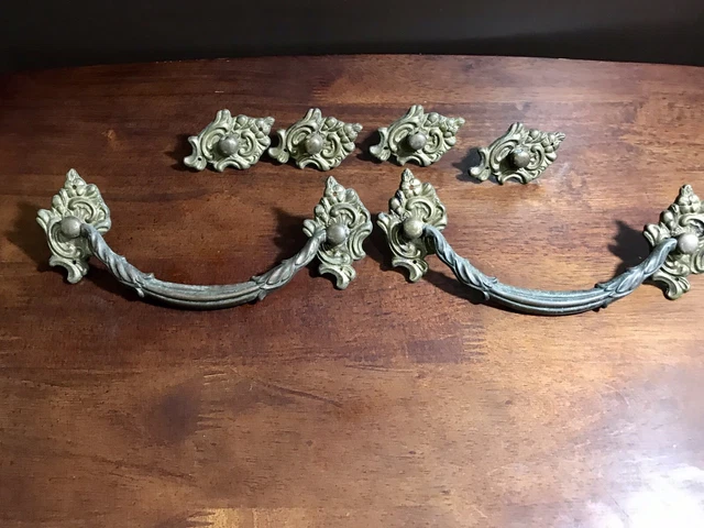 Pair Antique Brass Drawer Handles Pulls Knobs Cabinet 3 Piece Ornate