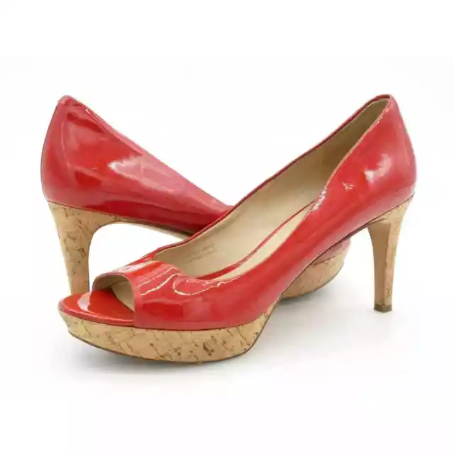 Via Spiga Pumps Womens 7.5 Red Patent Leather Cork Platform Peep Toe High Heel