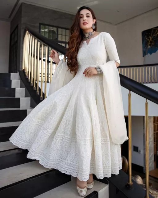 Abito anarkali donna indiana cucito bianco set Kurta con abito da sposa Dupatta