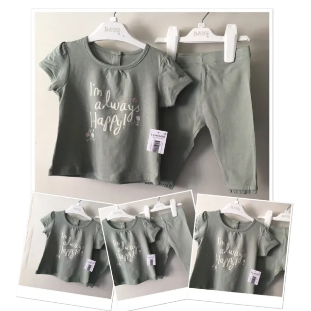 Matalan new baby girls peppermint leggings & always happy top outfit 3-6 months