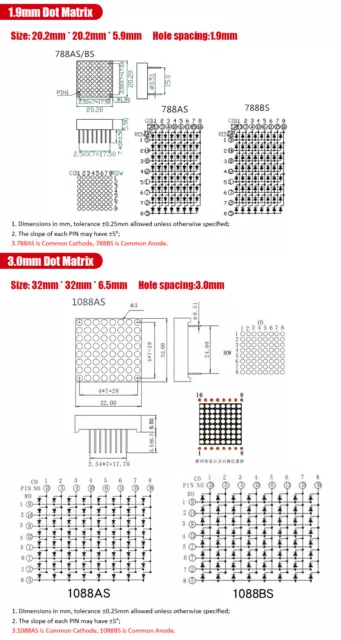 8x8 1.9mm 3mm 3.75mm 5mm LED Matrix Module Dot Matrix Red Display Common Anode 2