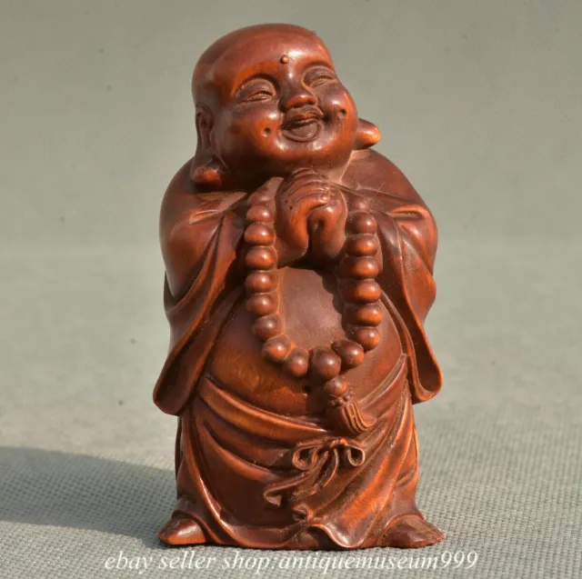 3.2 " Old Chinese Natural Boxwood Happy Laugh Maitreya Buddha Statue sculpture