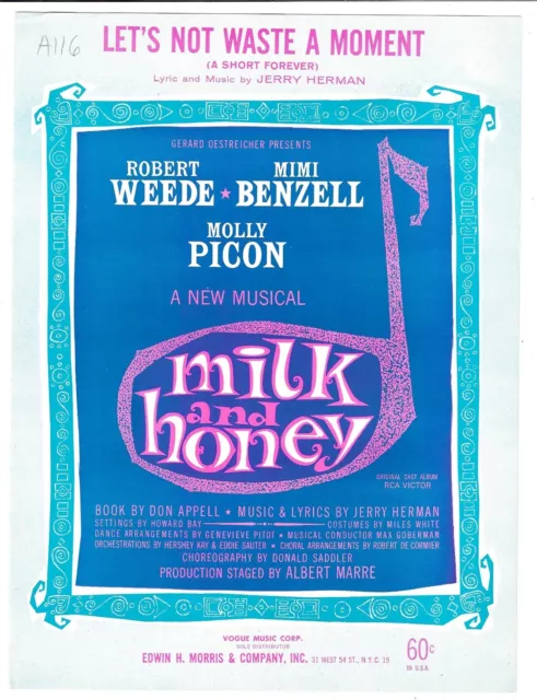 ROBERT WEEDE Broadway Sheet Music LET'S NOT WASTE A MOMENT / MILK AND HONEY 1961