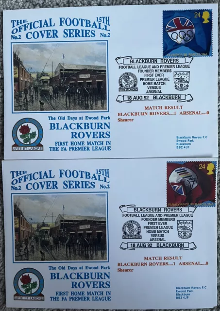Blackburn Rovers v Arsenal 18th August 1992 Dawn First Day Cover Set Of 2
