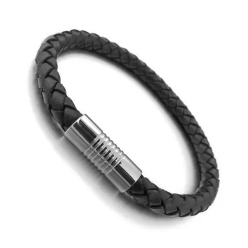 Mens genuine leather black braided bracelet with stainless steel magnetic clasp